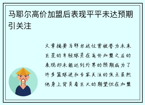 马耶尔高价加盟后表现平平未达预期引关注